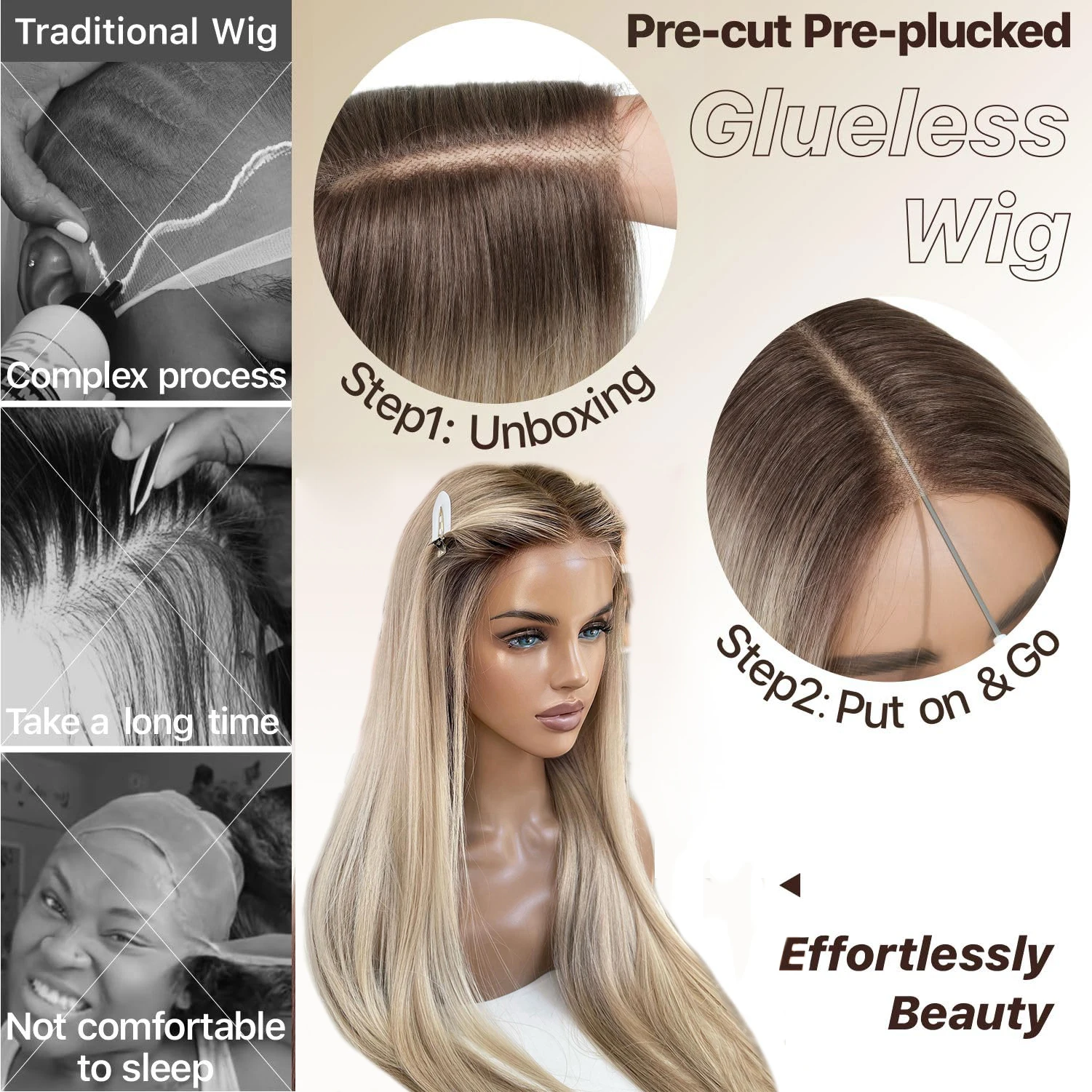 Beige Blonde Balayage Colored Glueless Human Hair Wig Preplucked Ombre Transparent Straight 5x5 Lace Closure Wig Ready To Wear