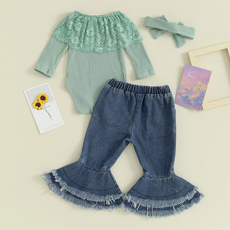 

fhutpw Newborn Baby Girl Clothes Infant Rib Frill Long Sleeve Romper Flared Pants Headband Set 3pcs Fall Winter Outfits