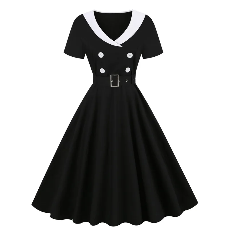 

Pink blue black women retro button short sleeve v-neck slim A-line slim midi dress with belt Summer vintage 50s 60s party dress