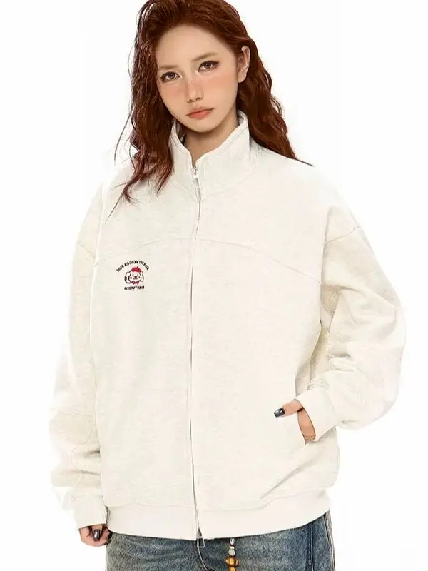 韓国風カーディガンジャケット 秋 オーバーサイズ カレッジカジュアル スタンドカラー 長袖 無地 ルーズスウェットシャツ 多用途ウェア