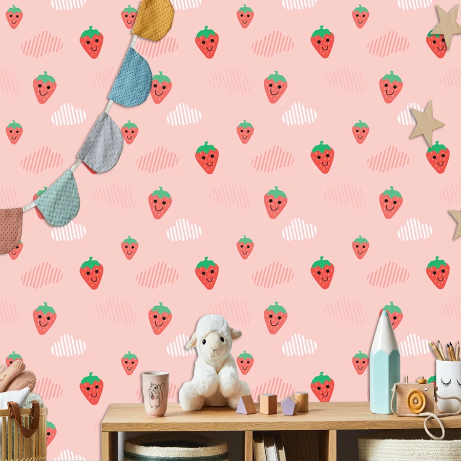 12+ Pink Strawberry Smiley Face Wallpaper for Living Room Walls Art Papers Home Decor Kids Baby Bed Mural,Self Adhesive Optional