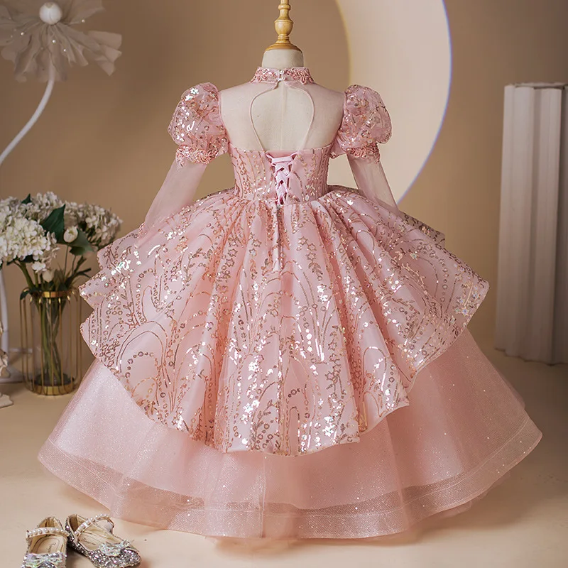 Abito da ballo personalizzato Abiti da ragazza di fiore per bambini Abiti da principessa rosa per bambini Abiti da festa di compleanno formali