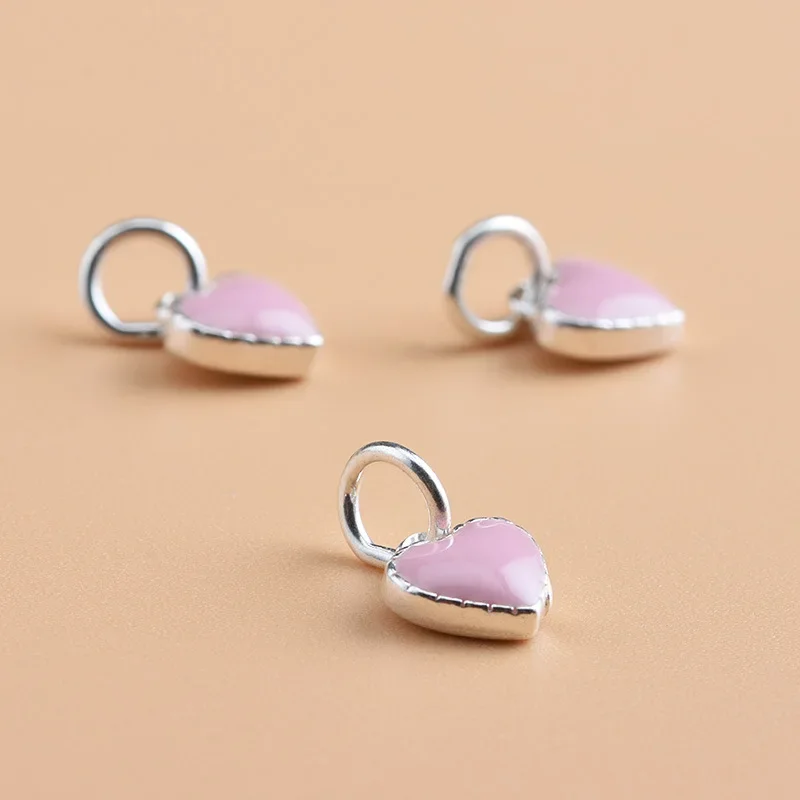 TrustDavis Real S925 Sterling Silver Romantic Pink Heart Charms Pendant for Bracelet or Necklace DIY Accessories Jewelry HY071