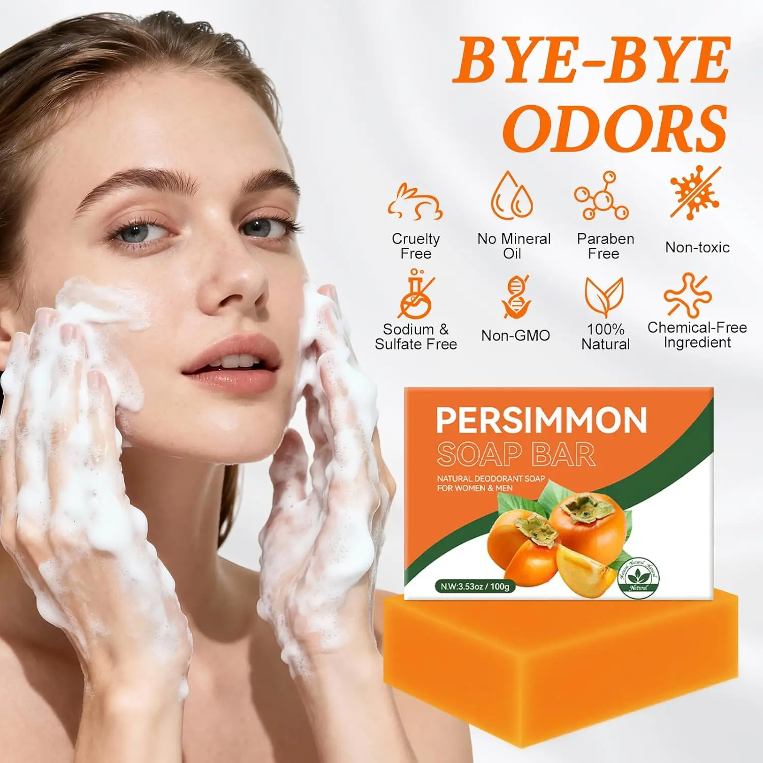 100/200g Handmade Persimmon Soap Bar Cleansing Deodorizing Scented Soap for Face Body Wash Natural Deodorant Soap for Men Women