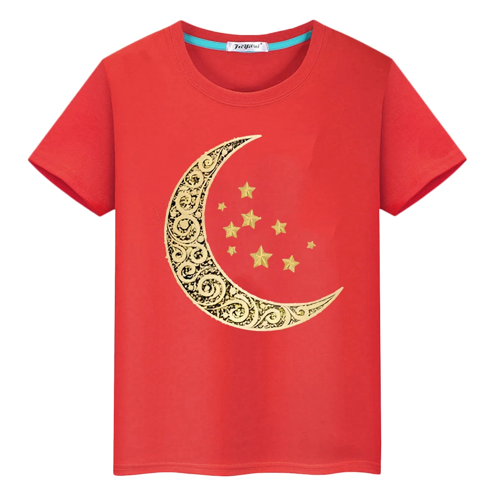 Eid Ramadan gift 100%Cotton T-Shirt Kids With Moon Clothe Boy Anime Kawaii Short Tops y2k Ramadan Kareem Muslim Festive Outfit