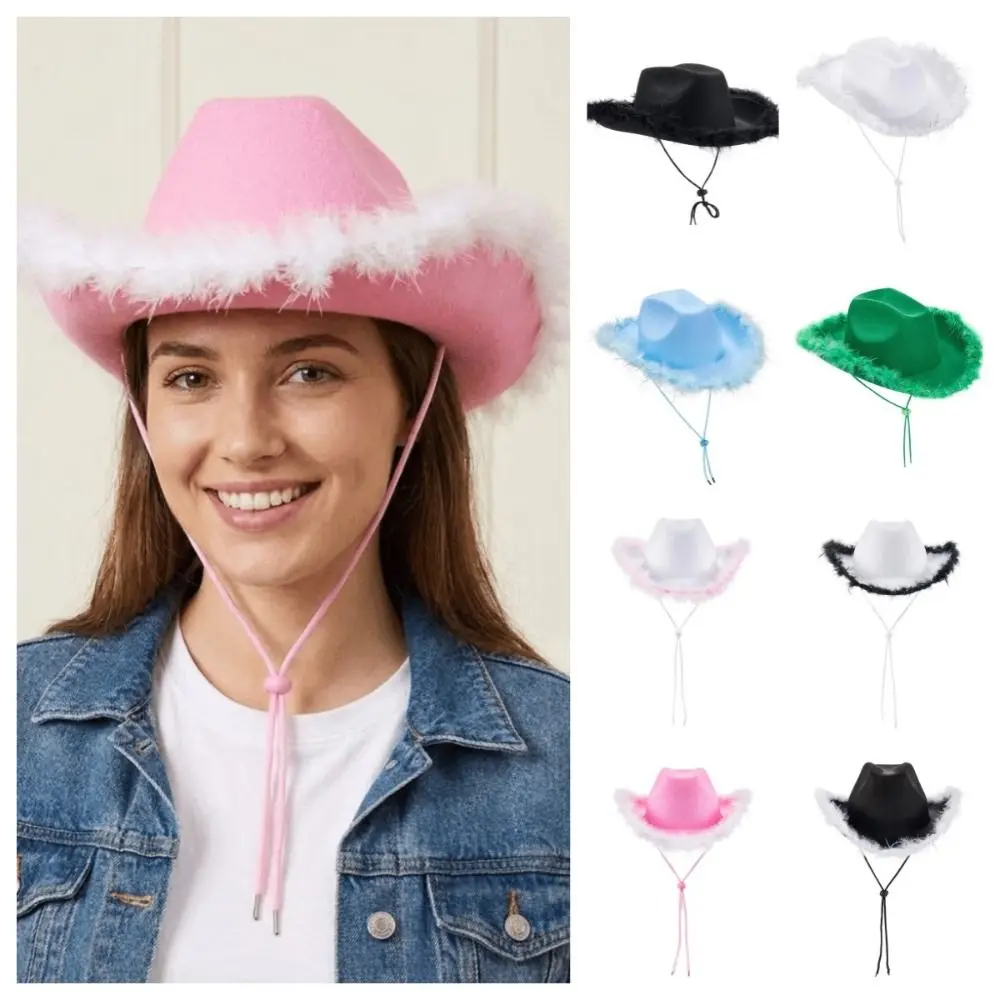 Casual Solid Color Western Cowboy Hat Furry Trim Ethnic Style Cowgirl Hat Cap Sunscreen Top Hat Disco Party 4