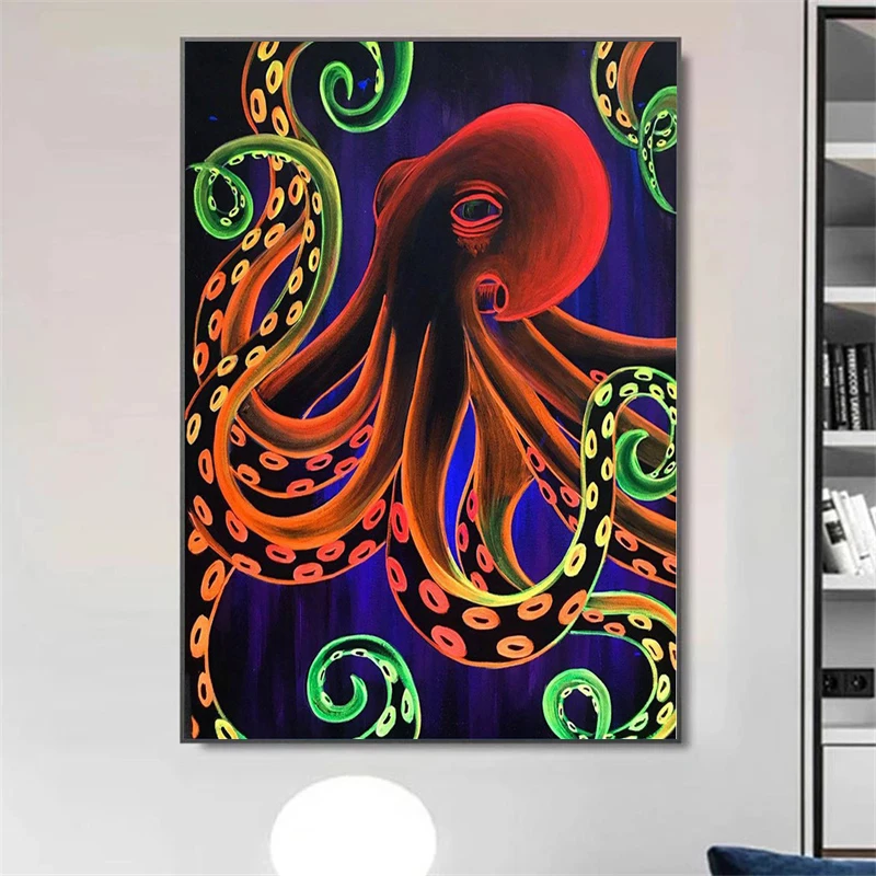 Blue Ring Octopus and Glowing Jellyfish Posters and Prints Aquatic Creatures Canvas Painting Wall Art Picture Home Decoration