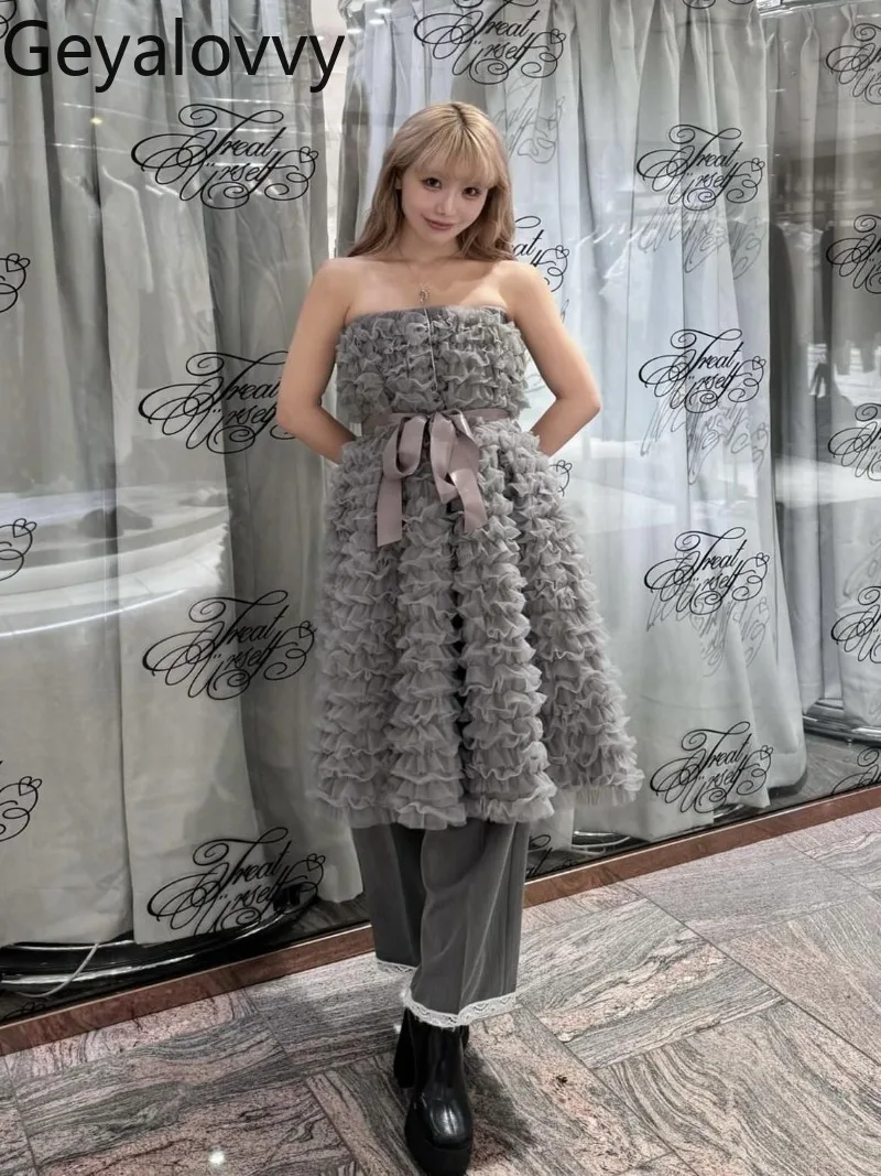 Verão novo estilo japonês doce bonito meninas em camadas bolo tule vestido versátil sem alças fora do ombro vestidos de comprimento médio