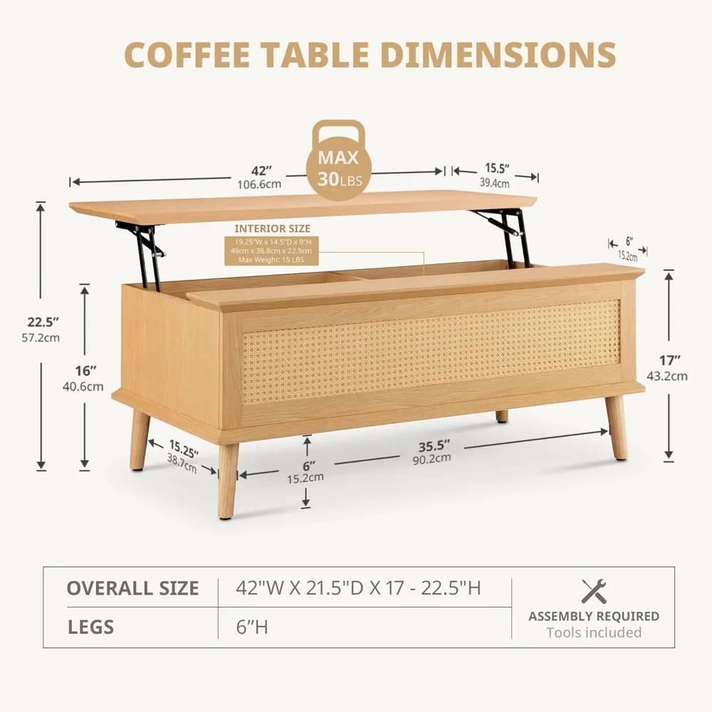 INK+IVY Coffee Table for Living Room Lift-Top Design with Storage, with Rattan Accent, Mid-Century Modern Décor Compact Furnitur
