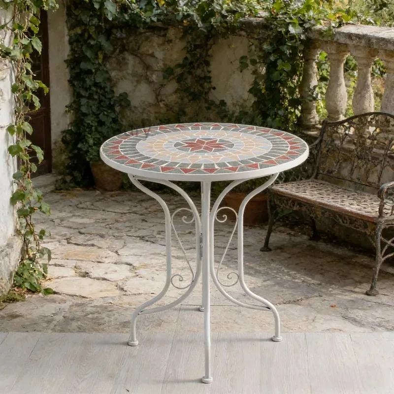 Outdoor Mosaic Side Table Round Handcrafted Tile Top Wrought Iron Frame Ornate Scroll Legs Table for Garden Balcony Poolside