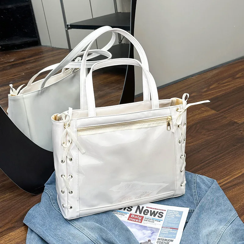 Japanese Popular Ribbon Lta Bag Bow Cute Large Capacity Splicing Transparent Fashion Single Shoulder Portable Tote Bag for Women - view 6