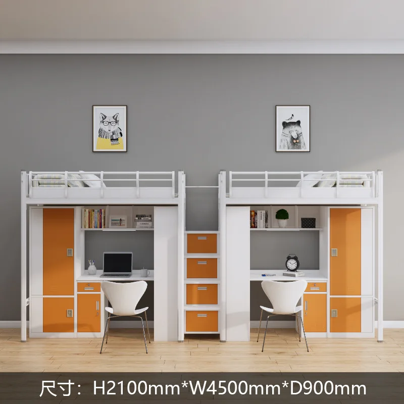 Custom School Furniture Dormitory Beds with Desk Loft Kids Twin Over Full Princess Metal Bunk Beds Set With Wardrobe Study Table