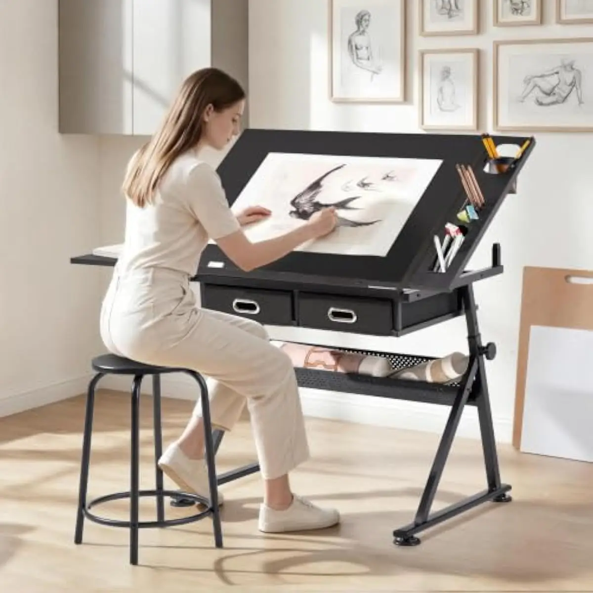 Drafting Desk with Tilt-Adjustable Surface 0–60 Degrees Height Range 69.5–92.5 cm Retractable Side Shelf Laptop Platform Dual Fa view 2