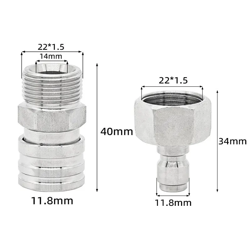 Stainless Steel 1/4 Inch Quick Connector For M22*1.5 Thread High Pressure Washer Machine Car Cleaning Tool Pipe Fitting