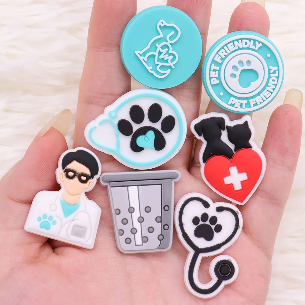 Mix 50pcs PVC Shoe Charms Pet Doctor Friendly Dog Heart Love Stethoscope Garden Shoes Button Decoration Hole Slipper Accessories