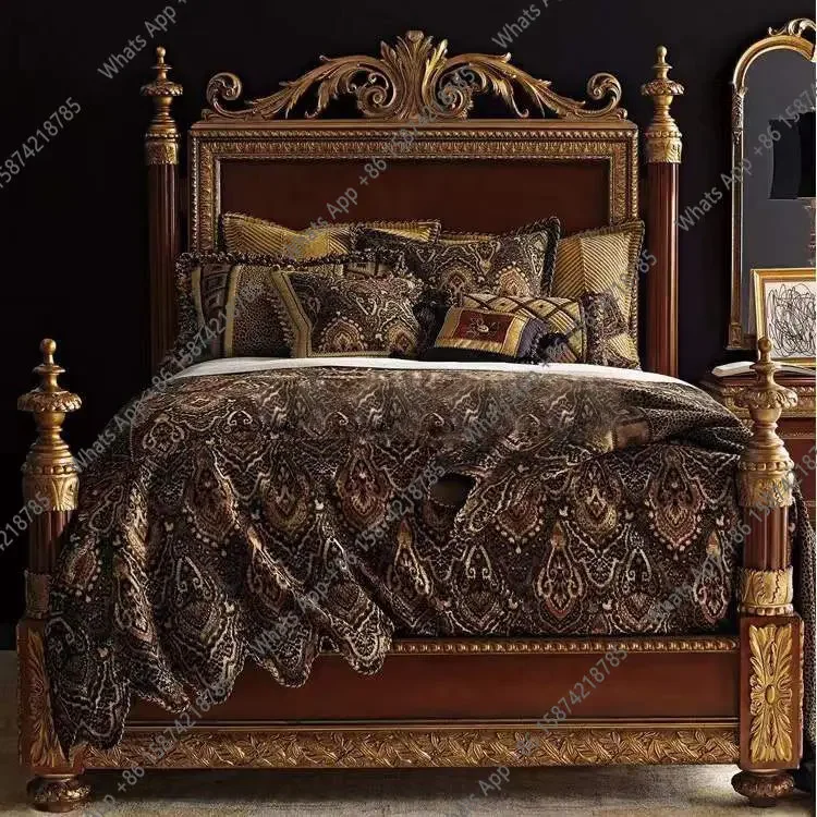 BJ American Neoclassical Solid Wood Bed High-end French Light Luxury Master Bedroom Pillar Bed Simple Modern Court Bed