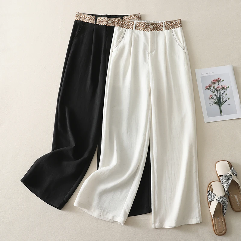 กางเกงขายาวทรงตรงผ้าลินินปักลายเอวสูงสำหรับผู้หญิง สไตล์ลำลอง สีพื้น ทรงหลวม ใส่สบาย เหมาะสำหรับฤดูใบไม้ร่วง