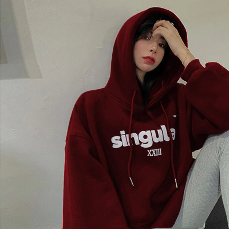 2024 Letter Print Hoodies Women Vintage Winter Fleece Lined Loose Hooded Shirt Grunge Sweatshirt Y2k Clothes Oversized Pullovers