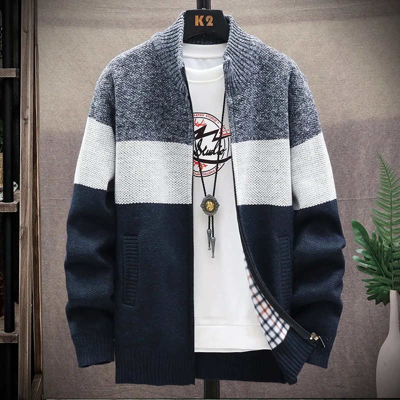 Autumn Winter Cardigan Sweater Men Fleece Zipper Sweaters Velvet Contrast Striped Sweater Coats Casual Jackets