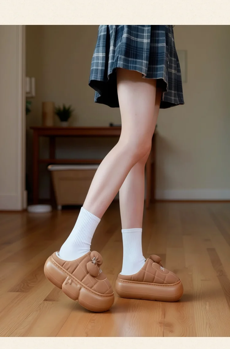 Wasserdichte gesteppte Damen-Plattform-Hausschuhe mit Schleife, geschlossener Rücken, warme, flauschige Winterschuhe, rutschfeste dicke Sohle, Baumwollschuhe für den Außenbereich – Detail 9