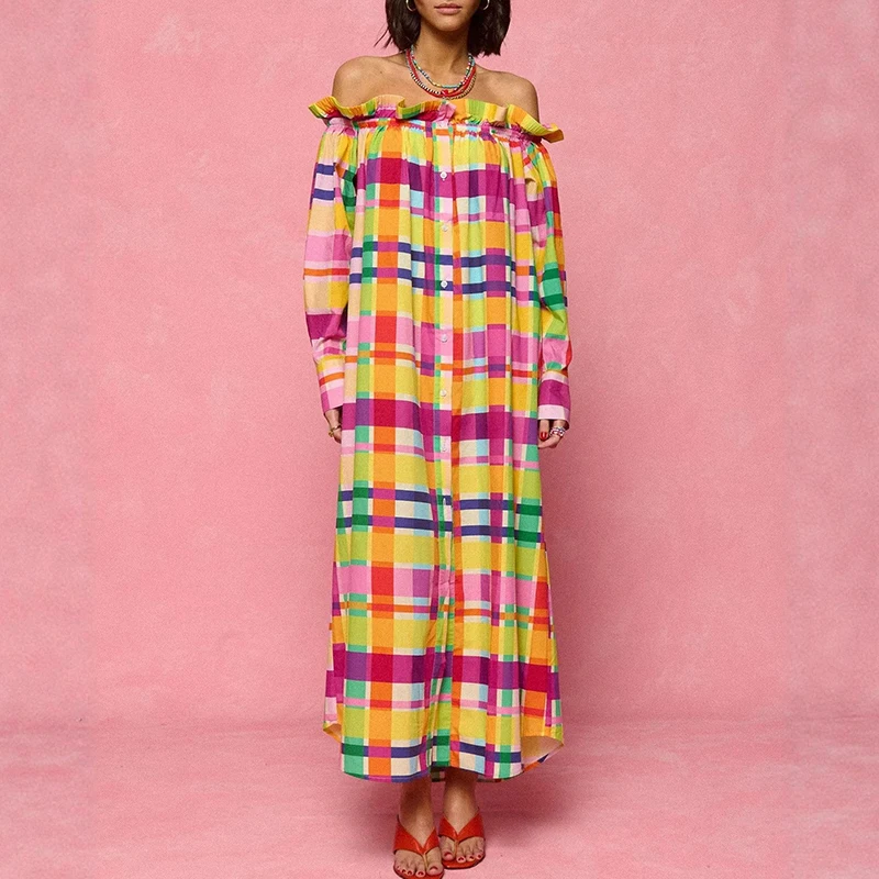 Fashion Check Pattern Print Party Dress Sexy Off Shoulder Loose Holiday Dress Women Elegant Ruffled Edge Hight Waist Long Dress