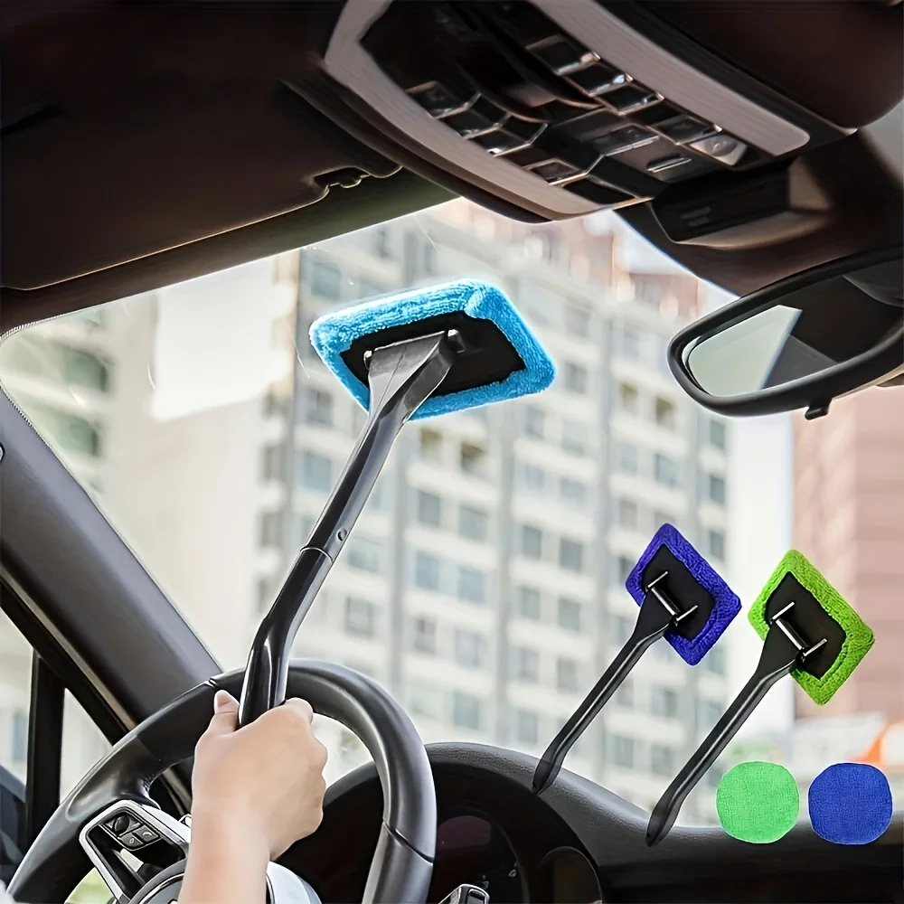 Car Windshield Cleaning Kit with Handle - 1pc, Random Color, Includes Microfiber Cloth And Scraper for Interior & Exterior Windo