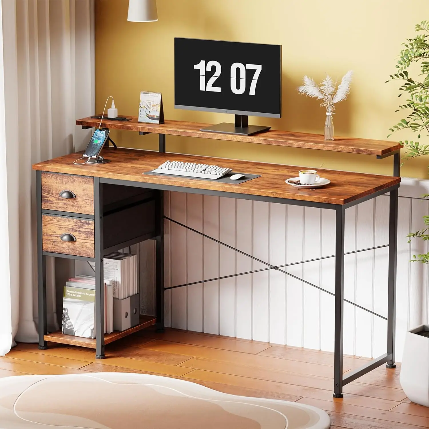 مكتب كمبيوتر بإضاءة LED مقاس 55 بوصة مع منافذ طاقة وأدراج تخزين وحامل شاشة لأعمال الكتابة في المكاتب المنزلية #2