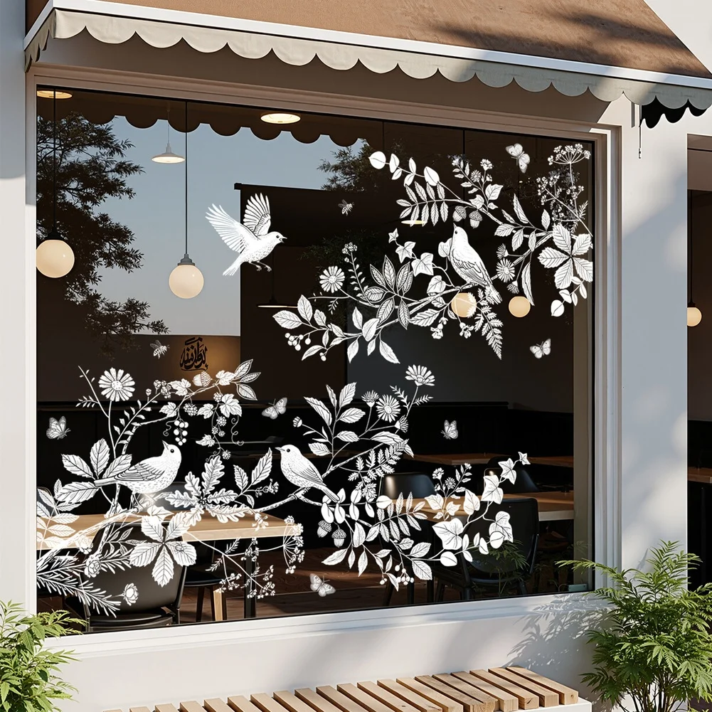 White Floral Bird Leaf Pattern Double Sided Static Cling Sticker for Glass Walls Smooth Surfaces 27.5 x 24.8 in