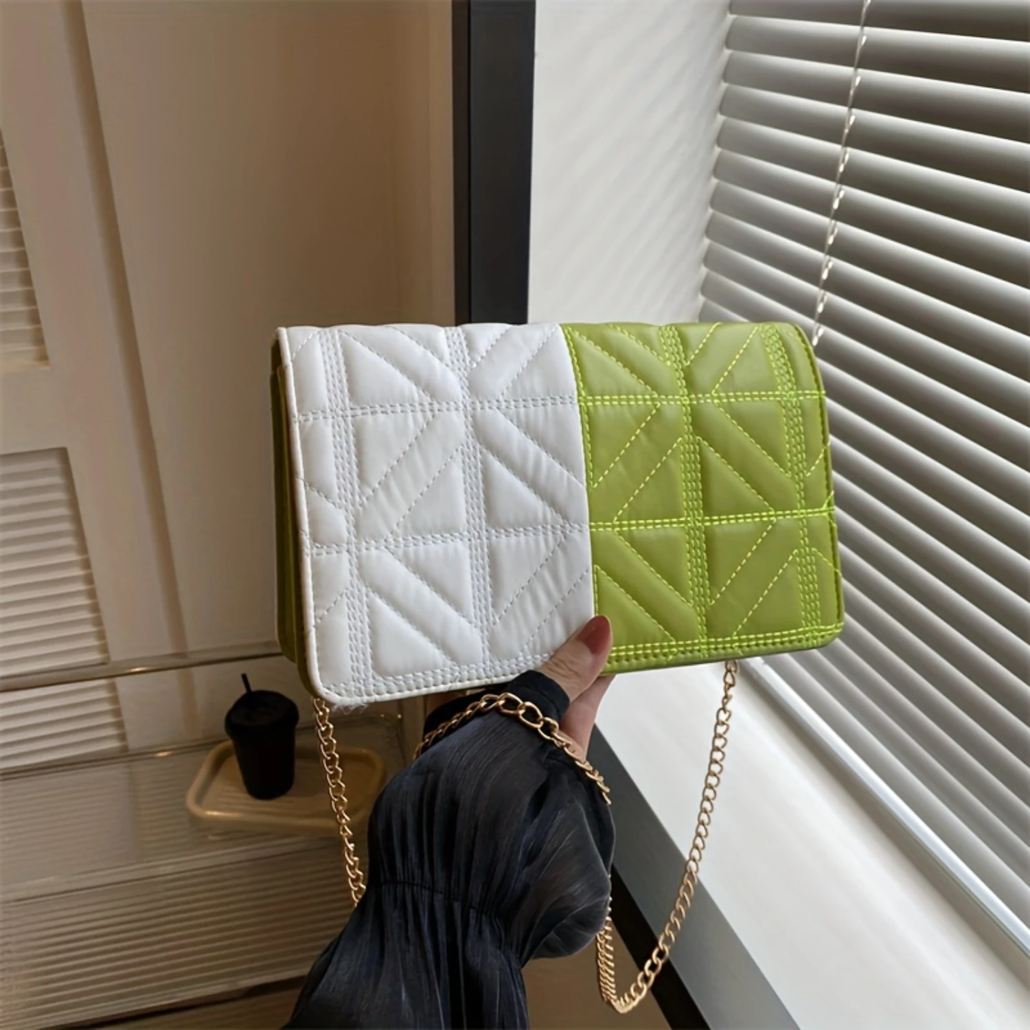 

Colorblock Quilted PU Shoulder Bag, Retro Style, Women's Crossbody Chain Purse