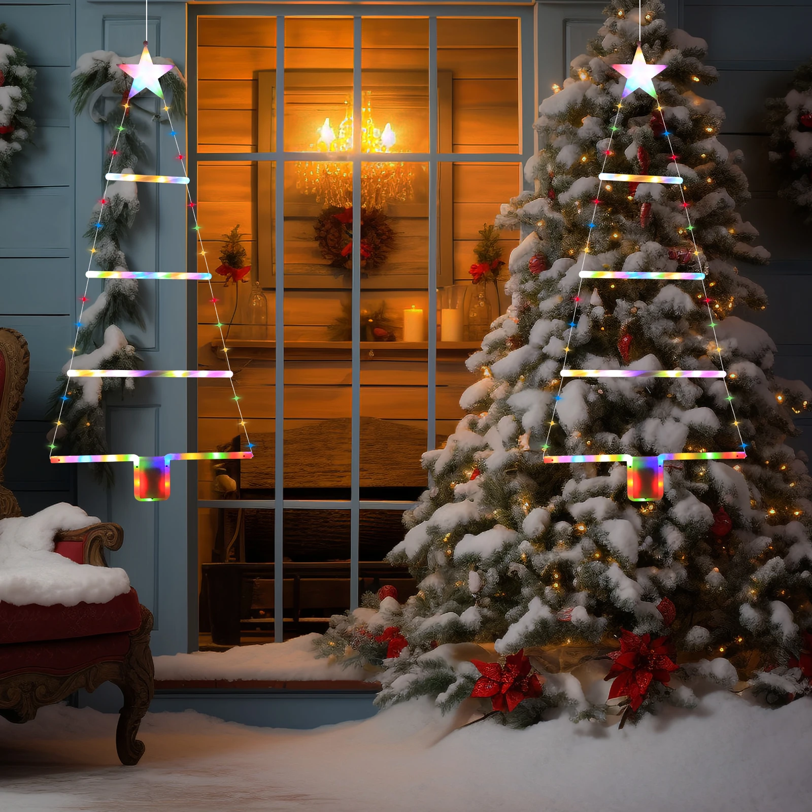 Creative Shaped LED Curtain Hanging Lights, Star Top Design, Battery Box, Batteries Not Included, Xmas & New Year Party Decor