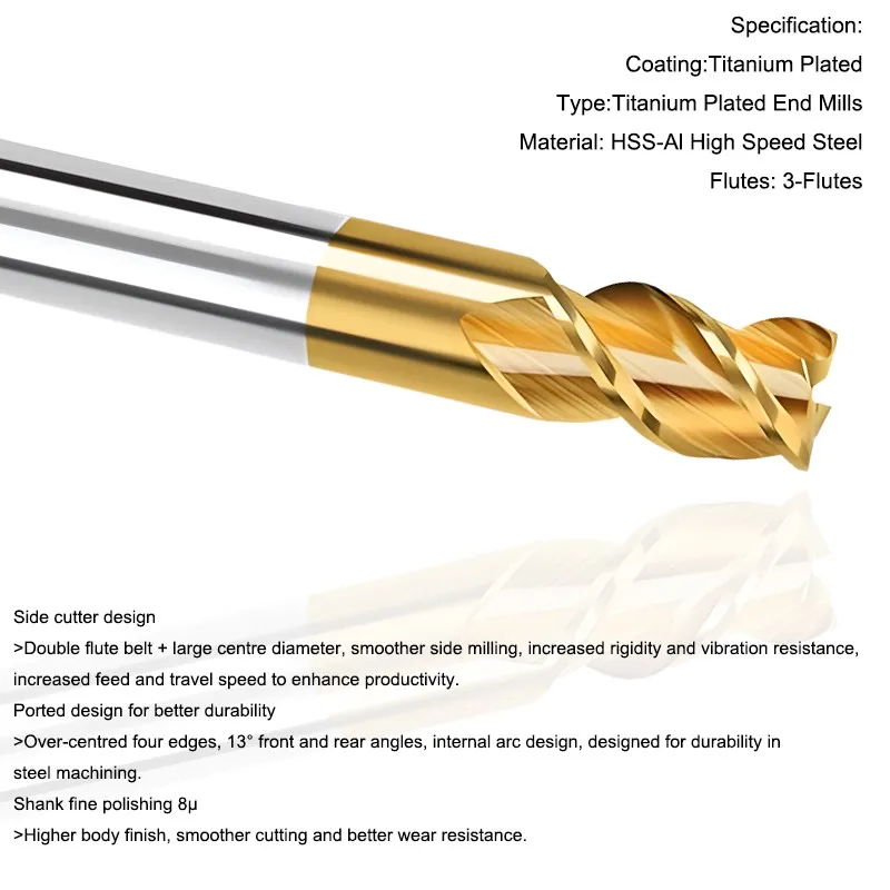 AZZKOR Superhard Straight Shank CNC Machining Tools 3-Flutes White Steel Milling Cutter High Speed Steel Titanium Endmills