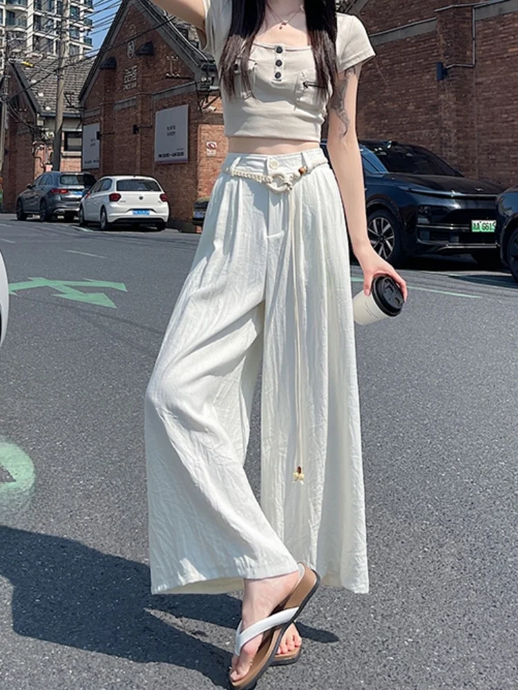 

Белые хлопковые льняные брюки-палаццо для женщин, летние, новая модель, прямые льняные брюки с высокой талией, универсальные, тонкие, повседневные