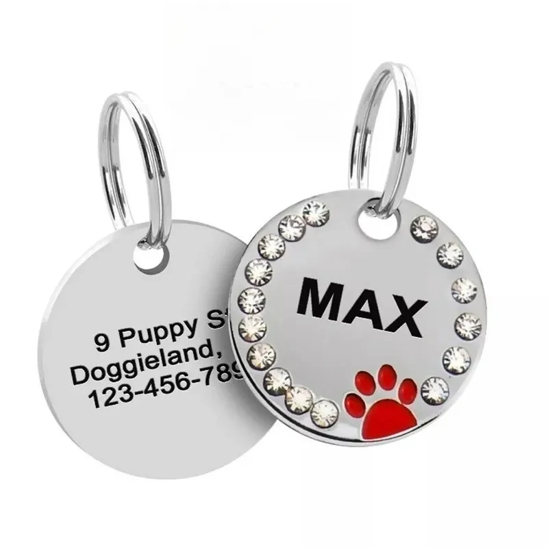 Custom Engraved Pet ID Tag for Dogs Cats, Stainless Steel Rhinestone Paw Print Anti-Lost Collar Pendant