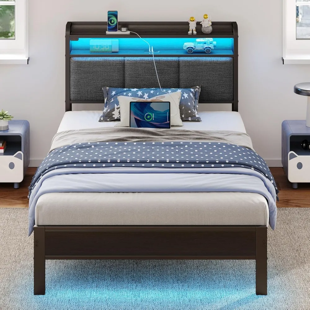 

Bed Frame Twin Size with Charging Station and LED Lights, Upholstered Headboard with Storage Shelves, Heavy Duty Metal Slats