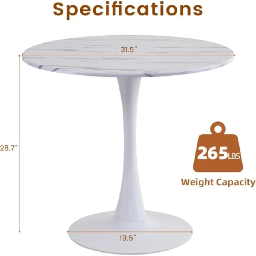 Dining Tulip Table for 4, Mid-Century Modern Table with Sturdy Metal Pedestal for Kitchen, Bistro, Cafe, Leisure White, Solid W