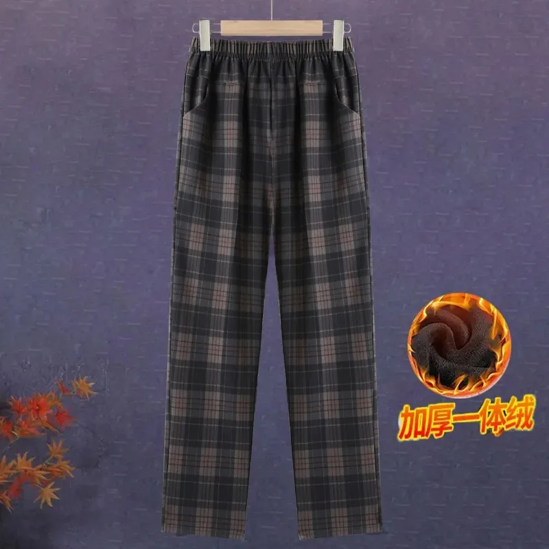 Mom Women Autumn Winter Fleece Lined Plaid Elastic High Waist Loose Plus Size Elderly Casual Pants
