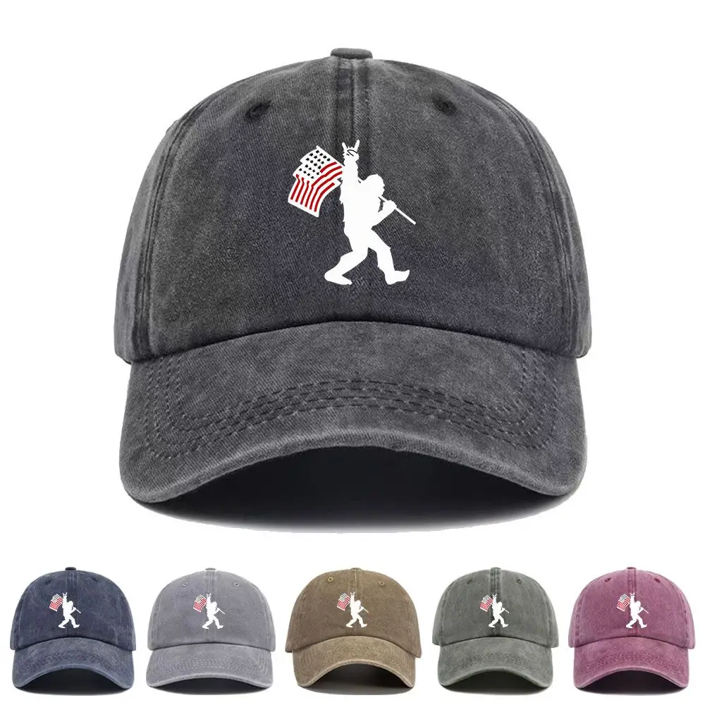 Vintage Washed Baseball Cap American Flag Soldier Print Graphic Funny Gorilla Unisex Streetwear Casual Trucker Style Cotton Hat