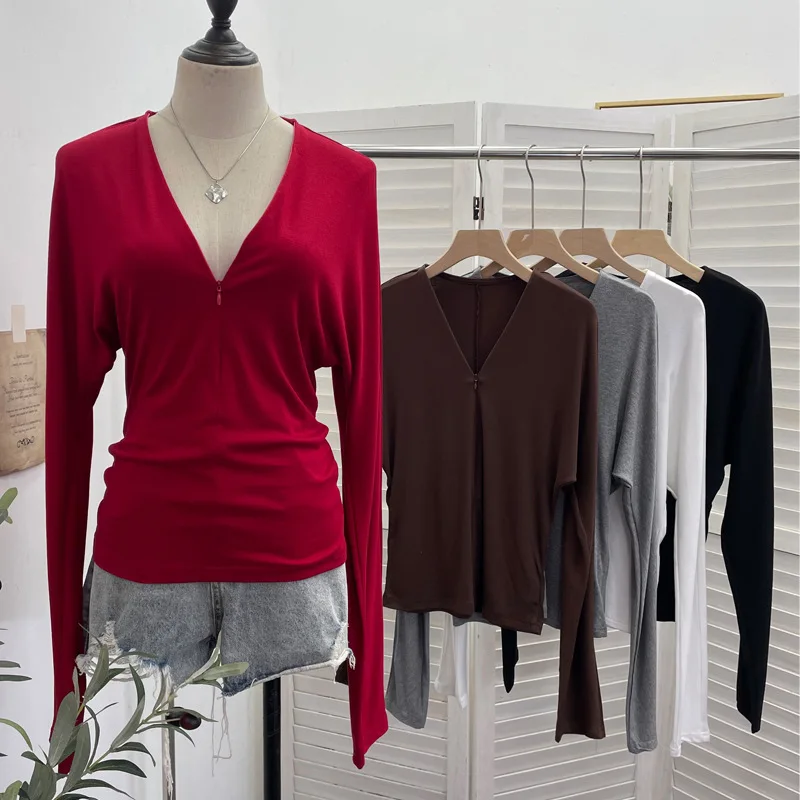 

ISAROSE 2026 Casual T-shirt for Women Basic Design Zipper V Neck Solid Color Batwing Sleeves Spring Autumn Stretch One Size Tops