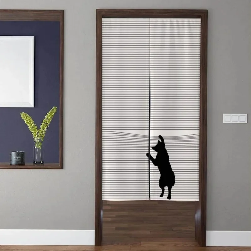 VIKAMA Cute Peek‑a‑Boo Cat Noren Curtain Simple Black Kitten Dragonfly Pattern Fabric Door Curtain for Entrance Decor