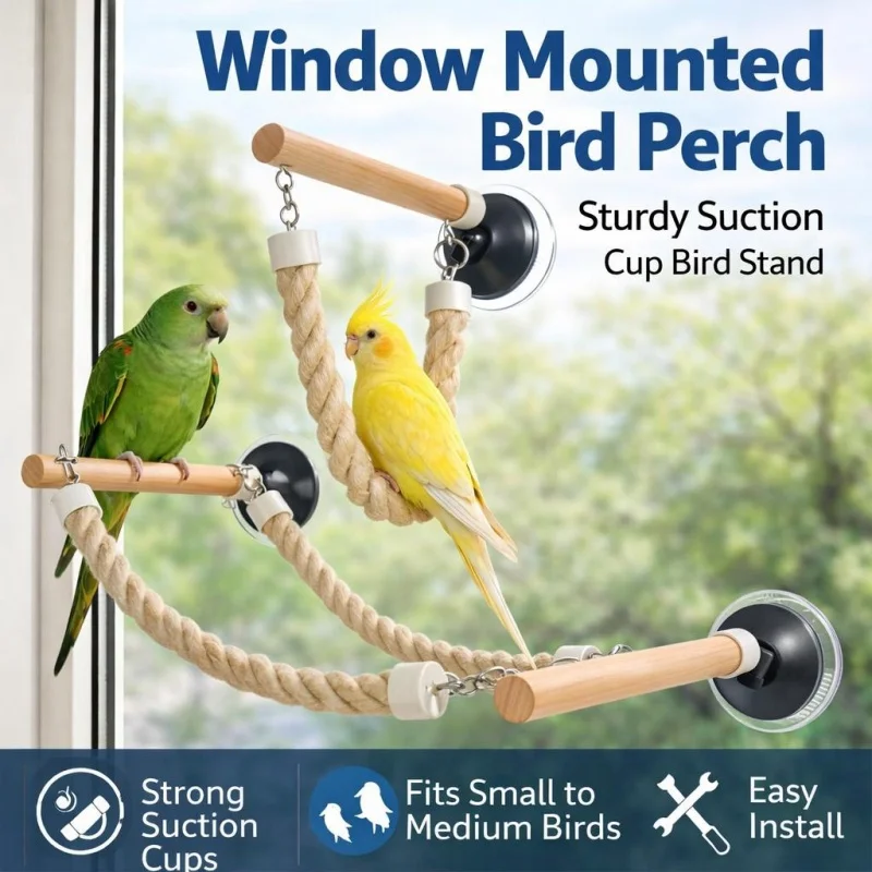 Juguete para Pájaros: Percha de Escalada con Ventosa, Columpio de Cuerda de Algodón, Escalera Colgante, Puente, Resistente a Mordeduras, Antideslizante, Alivia el Aburrimiento