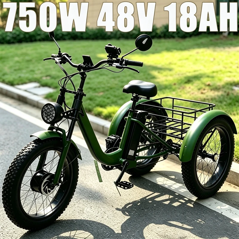 Adult Utility 3 Wheels Electric Tricycle 750W Portable 18AH Lithium Cell 24 Inch Wheel Leisure E-Bike Max 50KM Riding Mileage