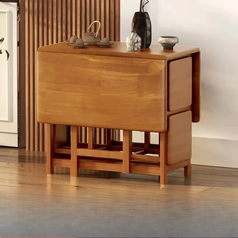 Solid wood dining table rectangular household storage folding table stool space saving small apartment dining table and chair