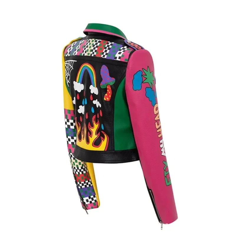 Abrigo corto de cuero con estampado de grafiti para mujer, chaqueta de Pu, traje de motocicleta coreano, cuello, nuevo