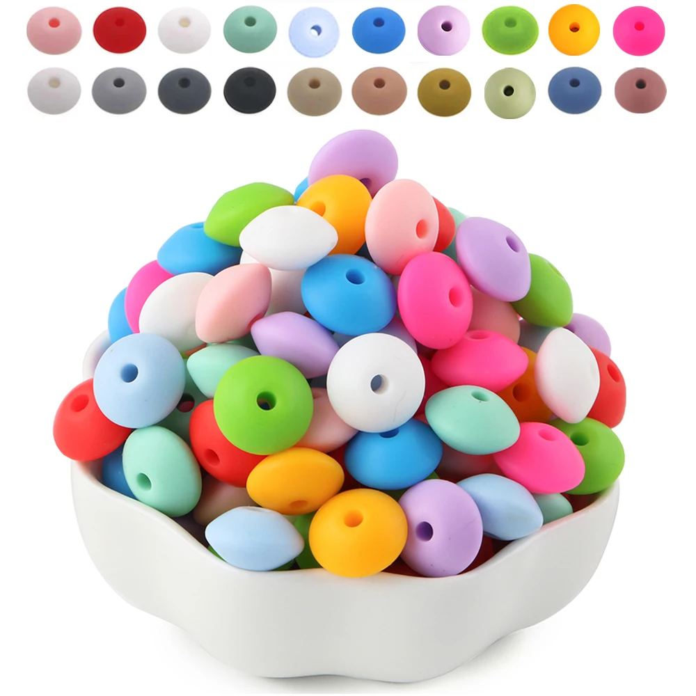 100Pcs/lot Silicone Lentil Beads 12mm Loose Spacer Beads BPA Free Food Grade DIY Charms Jewelry Accessories Necklace Bracelet