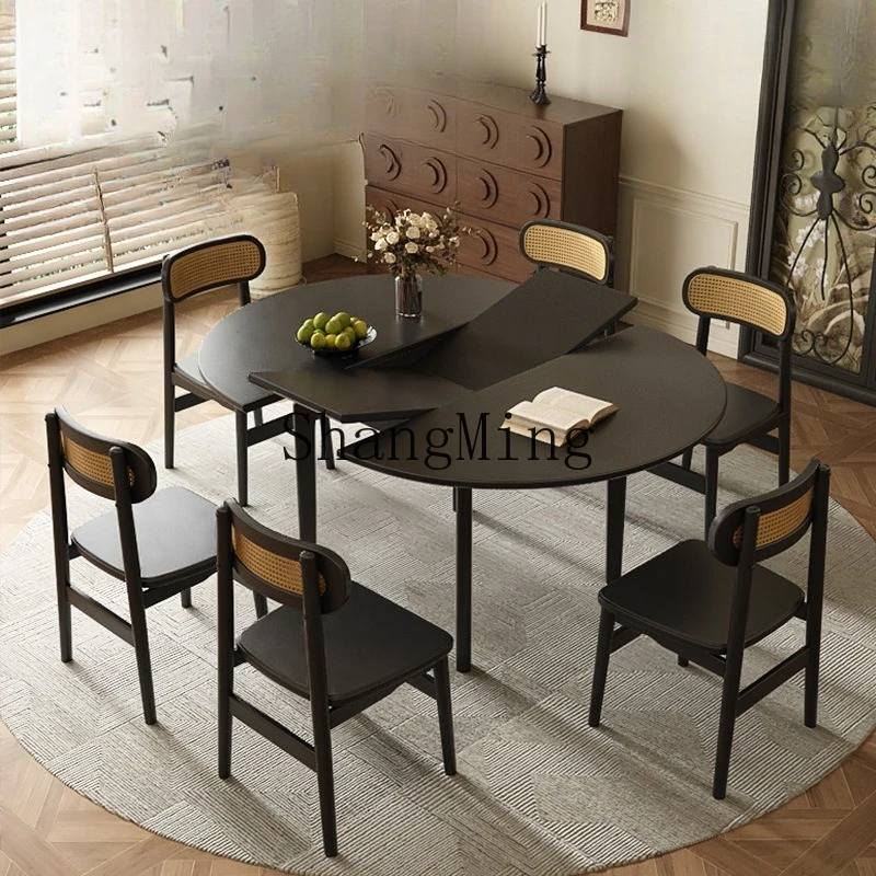 

SM antique retractable dining table all solid wood retro oval folding variable round table small apartment household