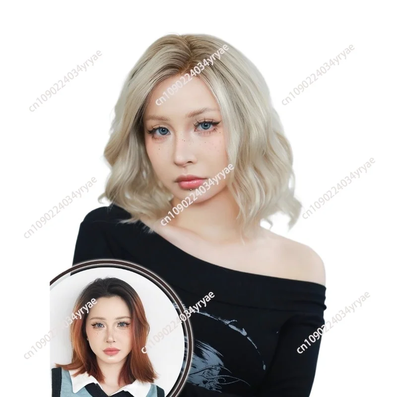 Sand gold short curly hair female full head wig summer natural breathable bobo head collarbone wig