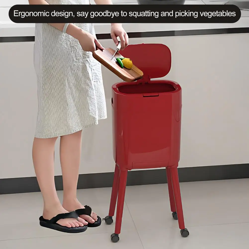 Trash Can with with Heightened Legs And Wheels, 16L Capacity Press on Lid Garbage Bin, Retro Style Waste Container for Kitchen