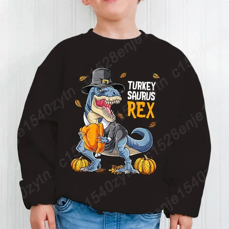 

Thanksgiving Dinosaur And Pumpkin Print Boys Sweatshirts, Vibrant Long Sleeve Crew Neck Pullovers For Fall