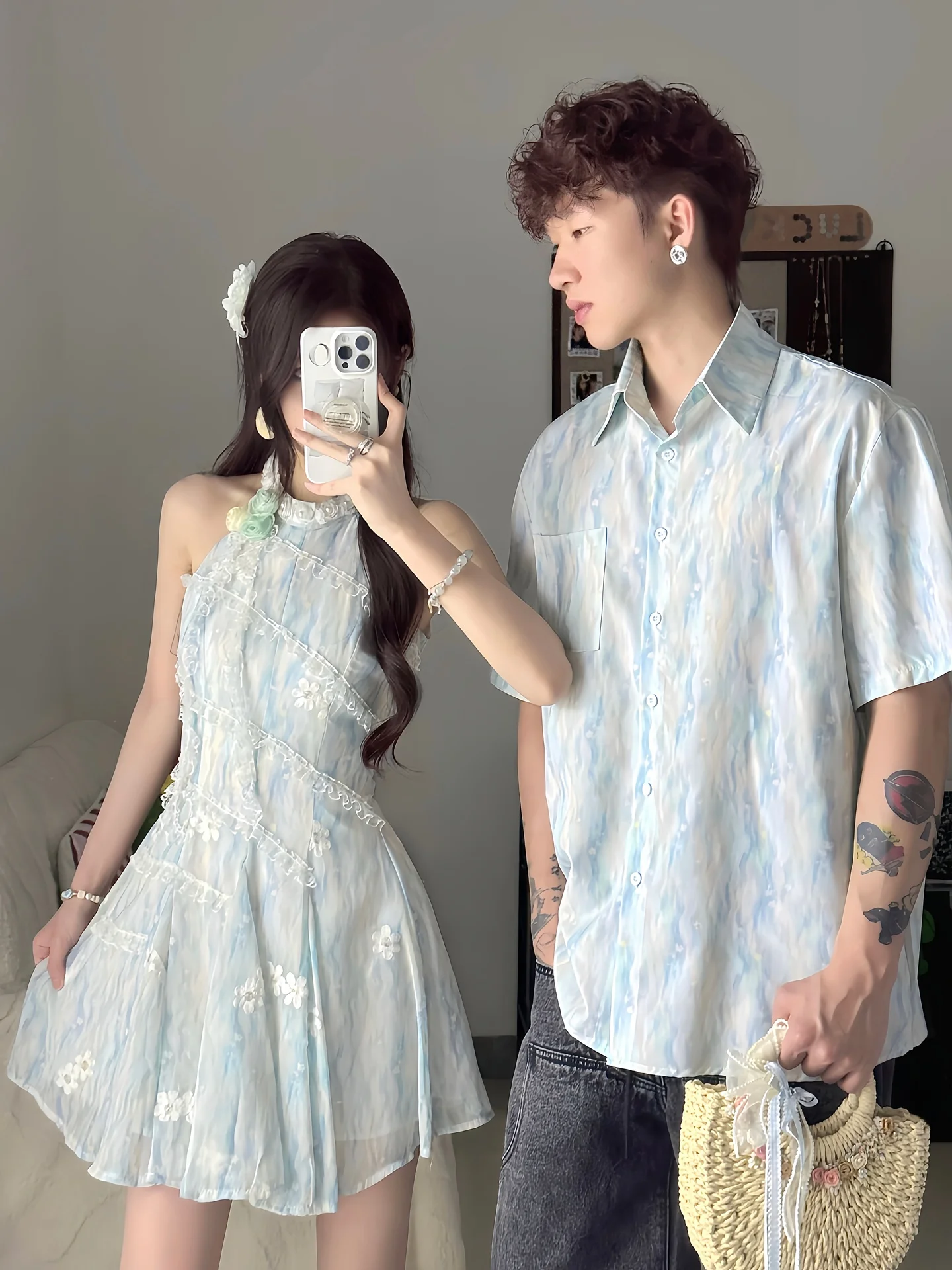 

Unique Design Couple Matching Summer Tie Dye Short Sleeve Men's Shirt Women's Waist Cinched Neck Hanging Flower Dress