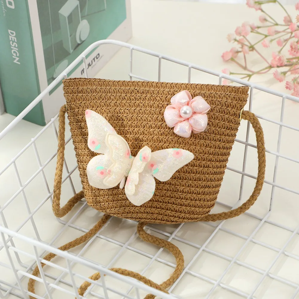 Fashion Handmade Straw Bag Shell Shape Butterfly Flower Crossbody Bag Woven Shoulder Bag Children Girls